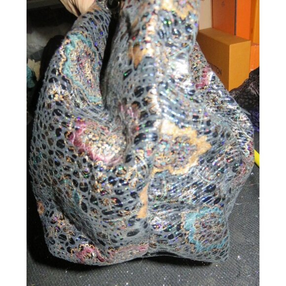 Sharif 1827 Black Metallic Floral Python Embossed Italian Leather Charm Satchel - Picture 3 of 16